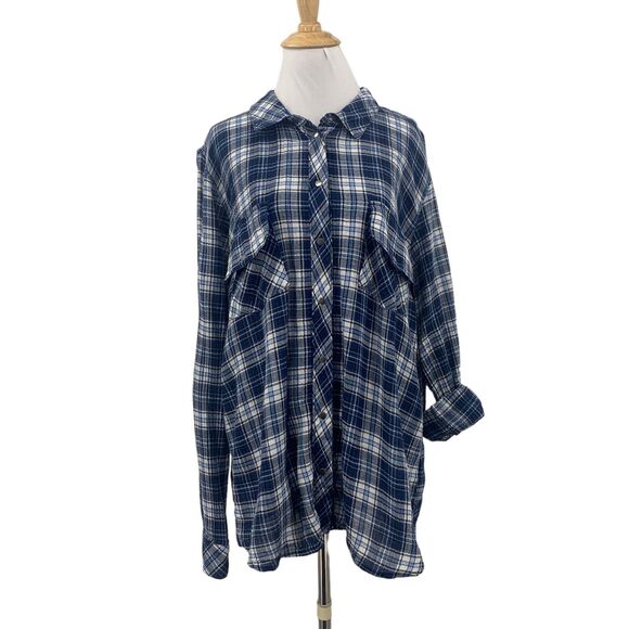 Kut From The Kloth Shirt Womens XXL Blue Plaid Flannel Snap Button Tap Sleeve - Picture 1 of 11